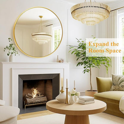 Fabuday Round Gold Mirror 30 Inch - Large Circle Mirror for Bathroom, Bedroom, Living Room, Hallway Decor, Hanging Big Golden Framed Circular Mirror