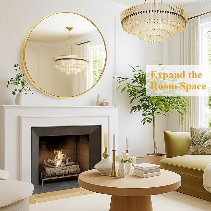 Fabuday Round Gold Mirror 30 Inch - Large Circle Mirror for Bathroom, Bedroom, Living Room, Hallway Decor, Hanging Big Golden Framed Circular Mirror