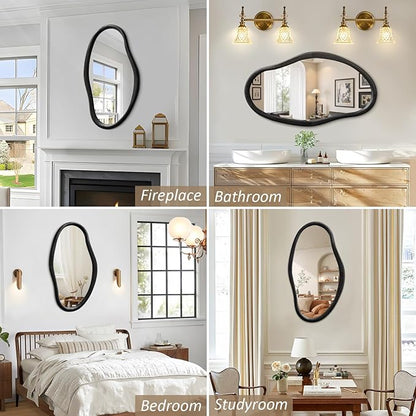 JJUUYOU Irregular Wall Mirror Black Asymmetrical Wooden Mirror 30"x18" Large Home Decorative Wall Mounted Vanity Mirrors for Bathroom Dressing Room Living Room