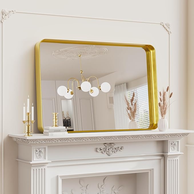 Koonmi Gold Wall Mirror for Bathroom, 24x35 Inch Matte Deep Framed Rounded Rectangle Vanity Mirror for Farmhouse Living Room, Tempered Glass, Anti-Rust, Vertically or Horizontally