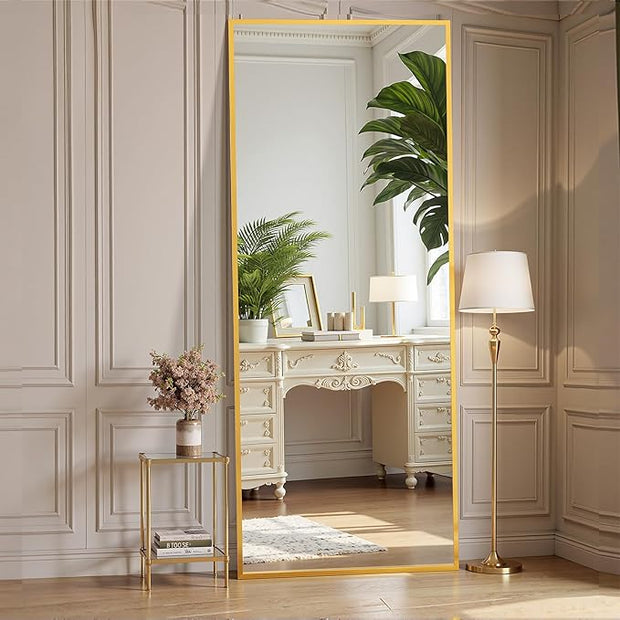 OLIXIS Full Length Mirror for Bedroom, 56"x21" Full Body Mirror with Stand, Hanging or Leaning for Wall, Aluminum Alloy Thin Frame Floor Standing for Living Room, Long, Gold