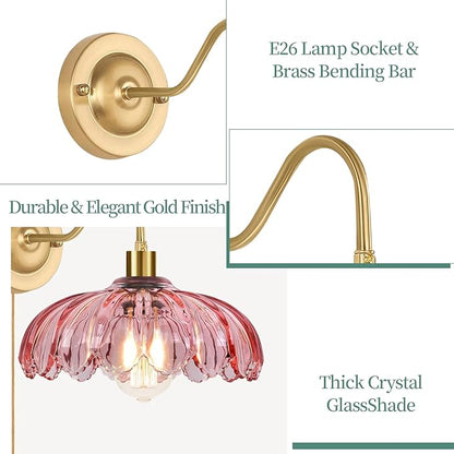 Vintage Plug in Wall Sconces Set of Two, Glass Wall Sconces Lamps with Flower Lampshade & Dimmable Plug in Cord, Dimmable Sconces Wall Decor Set of 2 Plug in Wall Lights Sconces for Bedroom