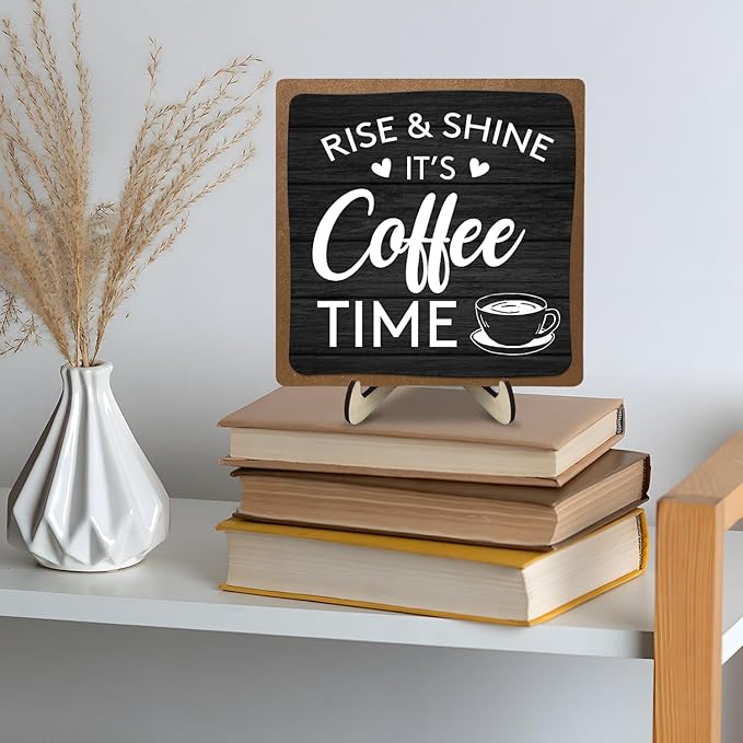 Coffee Bar Decor Sign, Coffee Bar Accessories, Funny Coffee Bar Desk Decor, Rustic Wooden Plaque Coffee Sign Farmhouse Coffee Bar Derco Signs For Coffee Station, Coffee Shelf Decor(Black+Brown05)