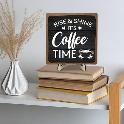 Coffee Bar Decor Sign, Coffee Bar Accessories, Funny Coffee Bar Desk Decor, Rustic Wooden Plaque Coffee Sign Farmhouse Coffee Bar Derco Signs For Coffee Station, Coffee Shelf Decor(Black+Brown05)