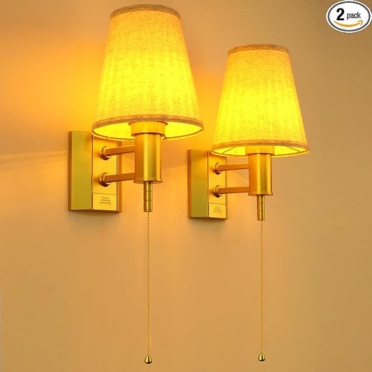 Battery Operated Wall Sconce Lights for Bedroom Set of 2, Wireless Rechargeable LED Wall Lamp with Remote & On/Off Pull Chain, Wall Mount Lighting Fixtures for Living Room, Satin Gold