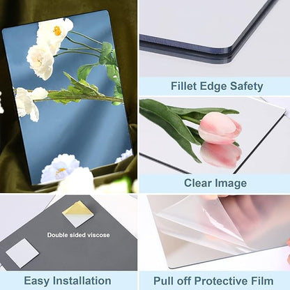 JUNEBRUSHS 4 Pack Self Adhesive Acrylic Mirror, 6X 9 Inch Mirror Tiles,Flexible Plastic Mirrors Sheets Wall Stickers,2MM Thick Mirrors,Frameless Small Mirror