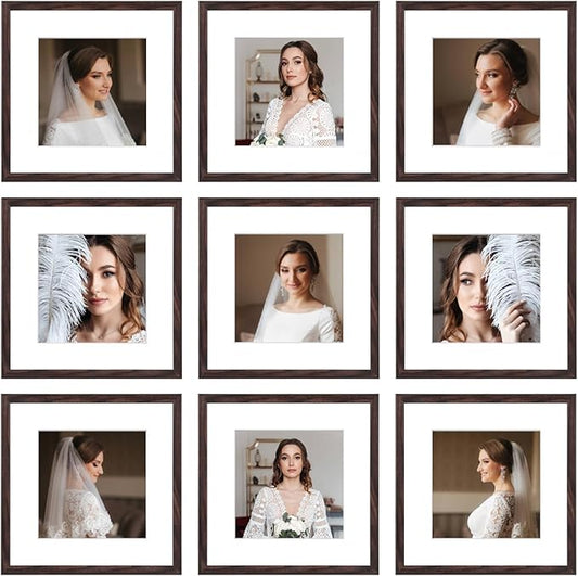 12x12 Picture Frame Set of 9, Display Pictures 8x8 with Mat or 12x12 without Mat, Multi Collage Gallery Square Photo Frames for Wall or Tabletop, Brown