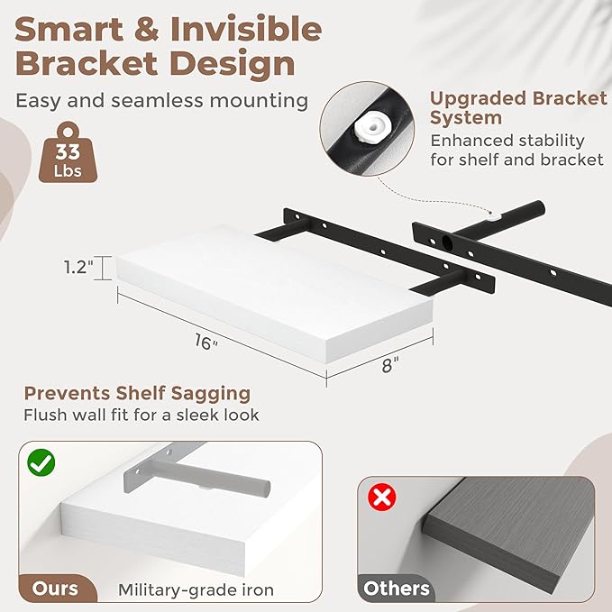 16 Inch Floating Shelves for Wall Set of 2, 8