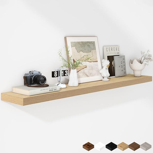 Fun Memories 55 Inch Floating Shelves - 9 Inch Deep Rustic Wooden Wall Shelves - Extra Deeper & Thicker Wall Mounted Storage Shelf for Living Room, Kitchen, Farmhouse - 55" W x 9" D x 1.8" H - Oak