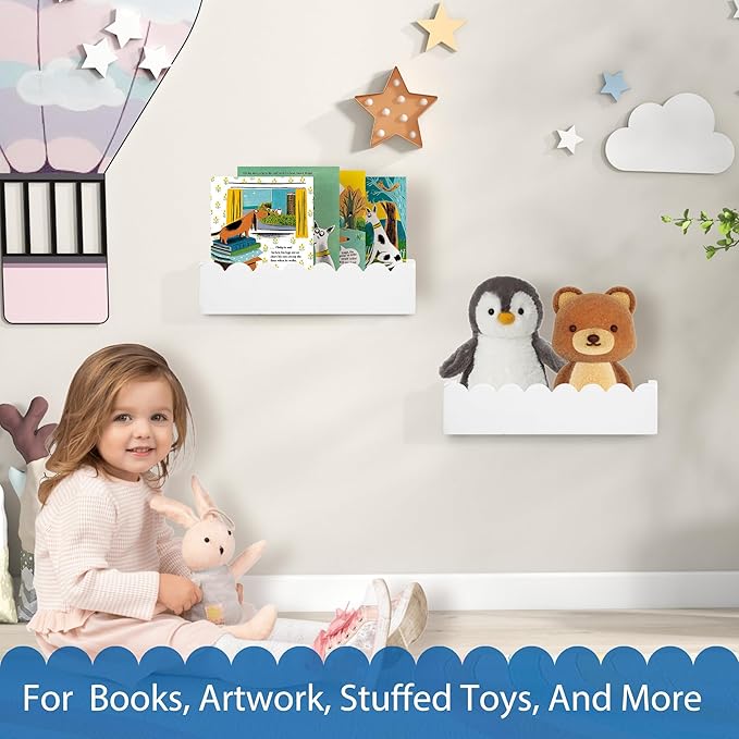 Wood Floating Shelves for Wall,Nursery Bookshelf,Kids Book Shelf,Baby Toys Storage Decor Organizer Wall Mounted for Living Room Bedroom,Wavy Edge,Preassembled,2 Pack,Scalloped Pine(White)