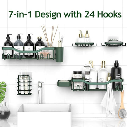 Shower Caddy Adhesive Shower Organizer 7-Pack, Rustproof Stainless Steel Bathroom Shelves, Large Capacity No-Drill Rack Storage Accessories with Soap Dish Toothbrush Holder Hooks