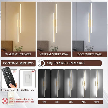 LED Wall Sconce Gold Modern Remote Wall Light Fixtures for Living Room, Dimmable LED Vanity Light Indoor Remote Wall Sconce for Bedside Bedroom Bathroom Dining Room, 39.4inch 1 Pack