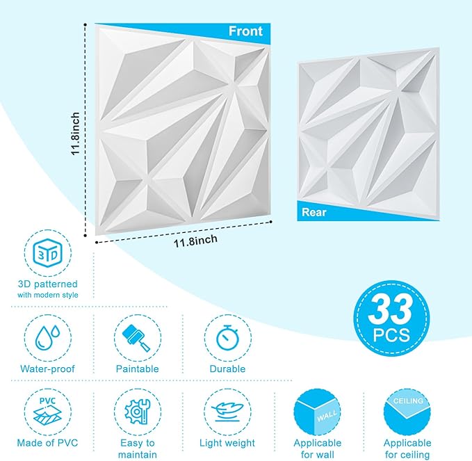 Art3d 33-Pack 3D Wall Panel for Interior Wall Décor, Diamond Textured PVC Accent Wall Paneling for Living Room Bedroom Office TV Wall Background, 11.8"x11.8" Cover 32.Sq.Ft., White