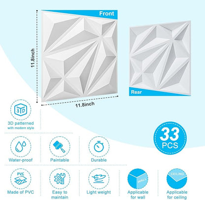 Art3d 33-Pack 3D Wall Panel for Interior Wall Décor, Diamond Textured PVC Accent Wall Paneling for Living Room Bedroom Office TV Wall Background, 11.8"x11.8" Cover 32.Sq.Ft., White