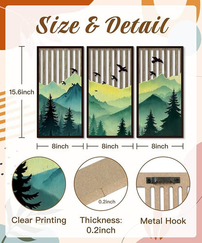 Putuo Decor Forest Mountain Wall Art Set of 3, Nature-Inspired MDF Cut-Out Panels with Bird and Tree Silhouettes, Rustic Wall Decor for Living Room Bedroom Cabin Office