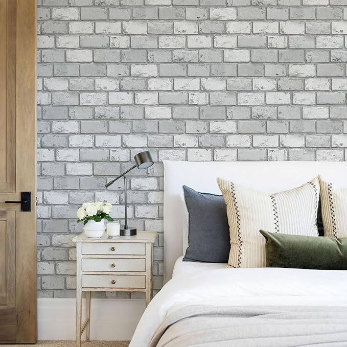 GaliGali White and Silver Brick Wallpaper, Peel and Stick Wallpaper, Self-Adhesive Classic Antique Texture Rock Wall Paper, Removable Contact Paper for Home Decoration 17.3