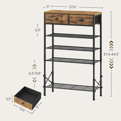5 Tier Shoe Rack with Adjustable Height (37.4”-44.5”), Shoe Storage Shelf with 2 Non-Woven Drawers, Wooden Shoe Organizer for Entryway, Cloakroom, Rustic Brown and Black SS11BR
