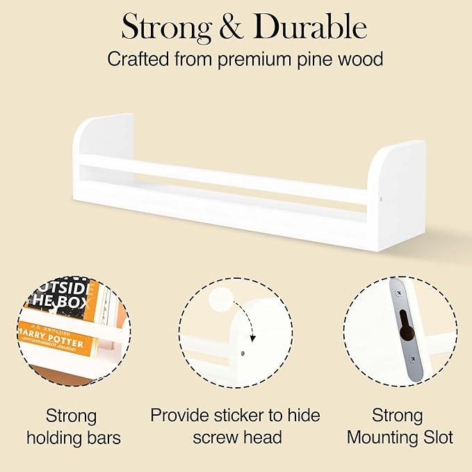 Floating Nursery Book Shelves, 16.5 inch Wall Book Shelves Kids Room, Set of 3 Baby Shelves for Nursery Décor, Ideal Wooden Nursery Shelves for Teens Kids Room, Bedroom Bathroom and Kitchen (White)