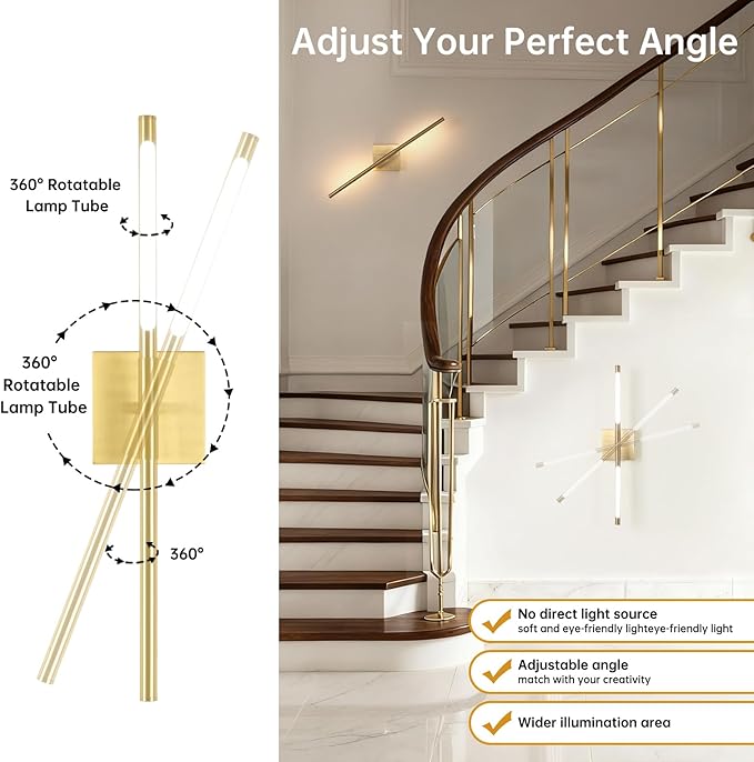 Battery Operated Wall Sconce Set of 2, 8000mAh Wireless Wall Sconces, 3000K-6000K Dimmable, 350°Rotate, Indoor Wall Lights for Bedroom Living Room Bathroom, Gold, 23.6 Inch