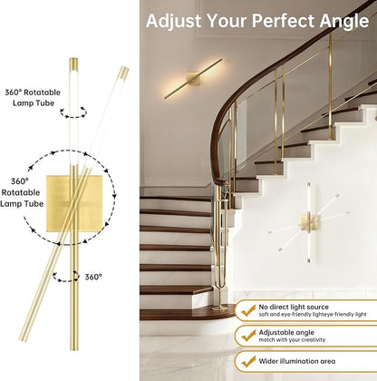 Battery Operated Wall Sconce Set of 2, 8000mAh Wireless Wall Sconces, 3000K-6000K Dimmable, 350°Rotate, Indoor Wall Lights for Bedroom Living Room Bathroom, Gold, 23.6 Inch