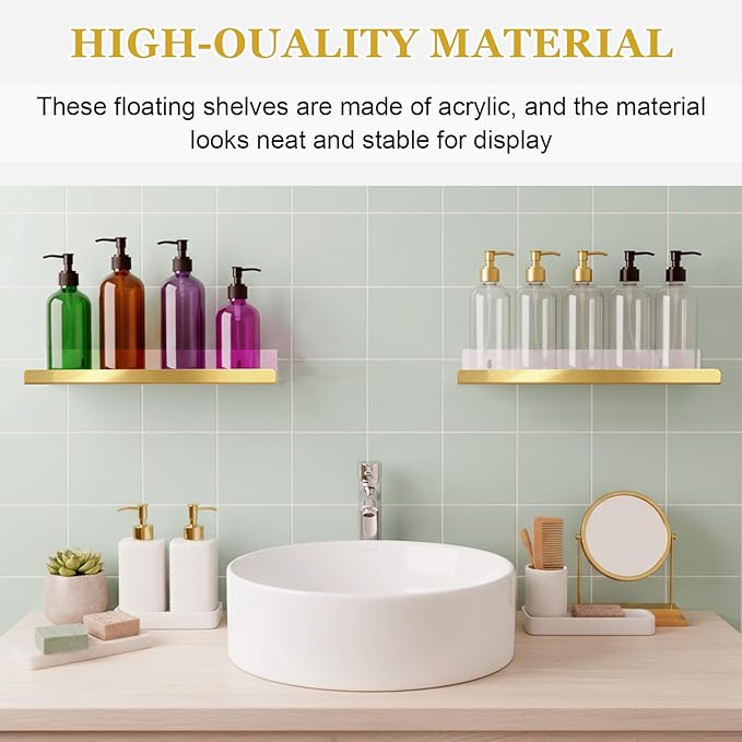 Blulu 8 Packs 14 Inch Acrylic Floating Shelf Wall Mounted Invisible Acrylic Shelf Ledge Floating Bookshelf for Living Room Office Bedroom Bathroom Kitchen Decoration Space Save (Golden)