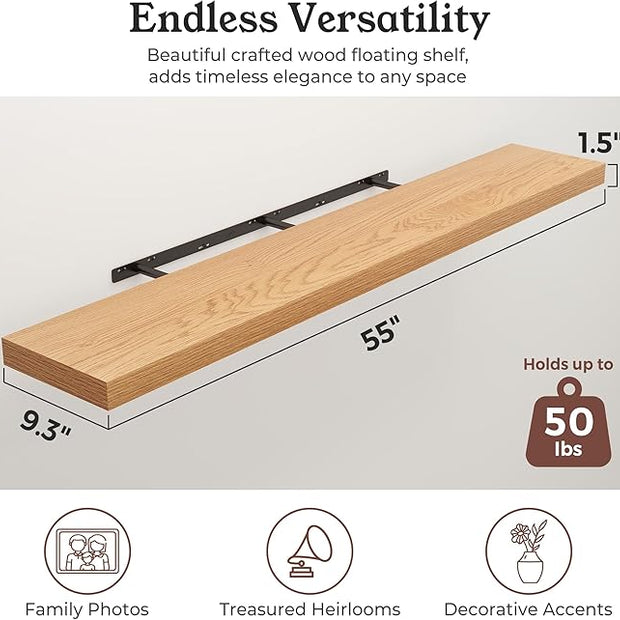 Floating Shelves for Wall, 9.3" Deep Wall Mounted Wood Shelves for Bathroom, Bedroom, Living Room, Kitchen, Hanging Shelf for Books/Storage/Room Decor (Oak, 55")