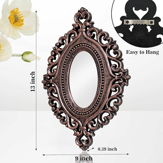Cityelf 2 Set Oval Wood Carved Wall Mirror Baroque 3D Relief Rustic Home Decor Small Decorative Hanging Mirrors for Living Room, Bedroom Entrance Wall Sculpture