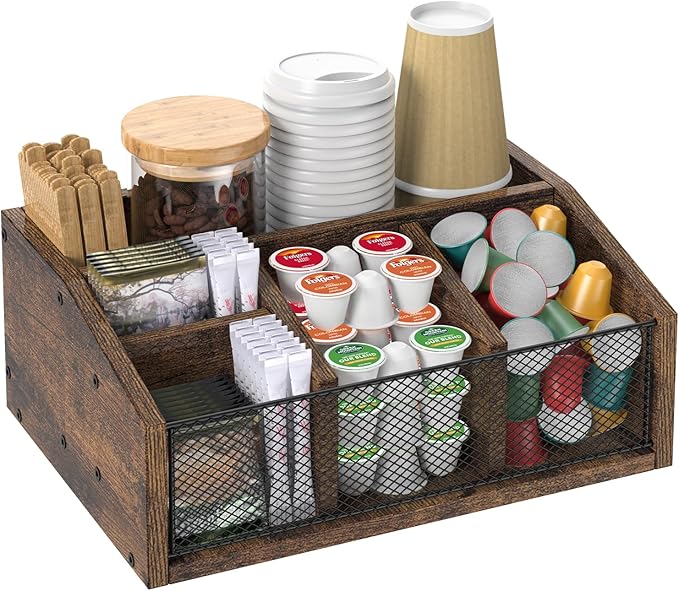 Coffee Bar Station Organizer Wooden Coffee Bar Accessories for Countertop Tea Condiment Organizer for Decor Storage Basket for K-Cup Pods Holder, Rustic Brown