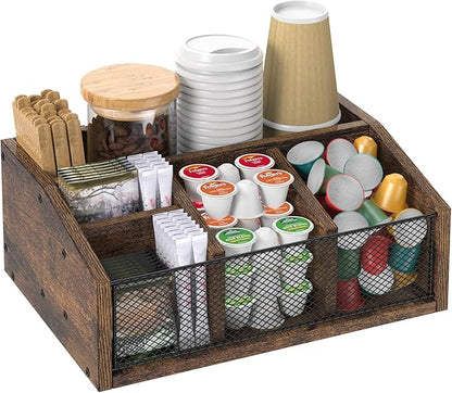 Coffee Bar Station Organizer Wooden Coffee Bar Accessories for Countertop Tea Condiment Organizer for Decor Storage Basket for K-Cup Pods Holder, Rustic Brown