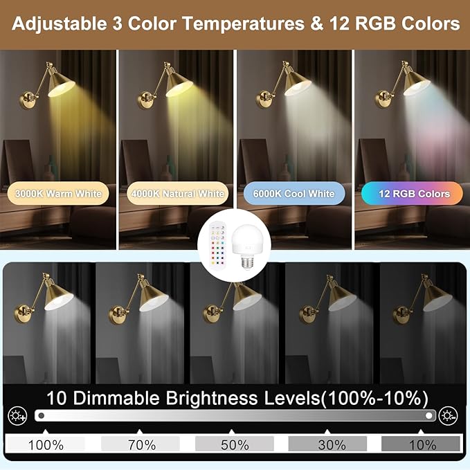 TRLIFE Rechargeable Battery Operated Wall Sconces, Dimmable and Adjustable Color Temperature Wireless Wall Sconces Set of 2 with Remote Control, Gold Swing Arm Wall Light for Bedroom Bedside Hallway