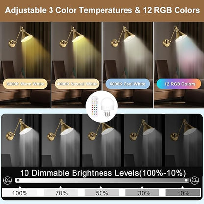 TRLIFE Rechargeable Battery Operated Wall Sconces, Dimmable and Adjustable Color Temperature Wireless Wall Sconces Set of 2 with Remote Control, Gold Swing Arm Wall Light for Bedroom Bedside Hallway