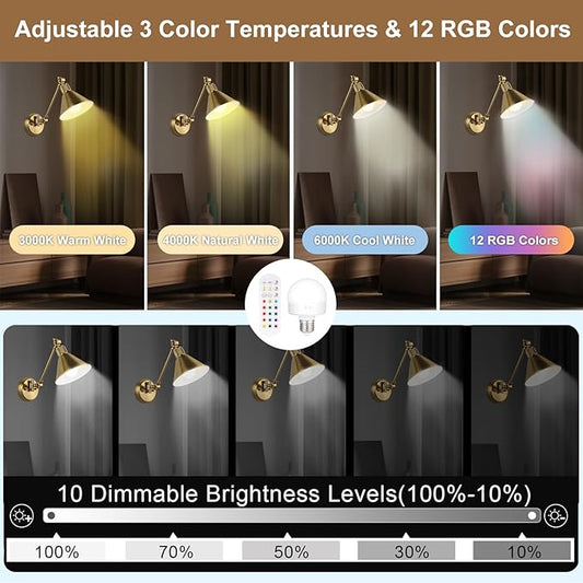 TRLIFE Rechargeable Battery Operated Wall Sconces, Dimmable and Adjustable Color Temperature Wireless Wall Sconces Set of 2 with Remote Control, Gold Swing Arm Wall Light for Bedroom Bedside Hallway