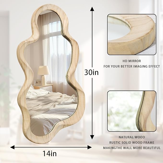 Asymmetrical Cloud Wavy Mirror, Large Irregular Wall Mirror, Modern Wood Frame, Unique Artistic Mirrors, Cute and Stylish, Decorative for Cloakroom, Bedroom, Living Room, Bathroom, Entryway