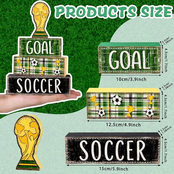 DIYDEC 4Pcs Soccer Tabletop Decorations Wooden Trophy Block Signs Gift Rustic Football Tiered Tray Decor Soccer Centerpiece World Cup Table Sign for Home Office Tabletop Fireplace Party Decor
