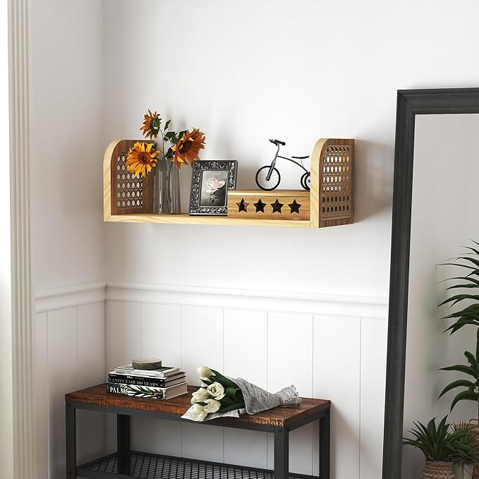 24 Inch Rattan Wall Shelf, Wooden Hanging Bookshelf Storage, Natural Cute Nursery Shelves Wall Mounted, Boho Decorative Floating Shelves for Kids Room, Living Room, Play Room, Bedroom