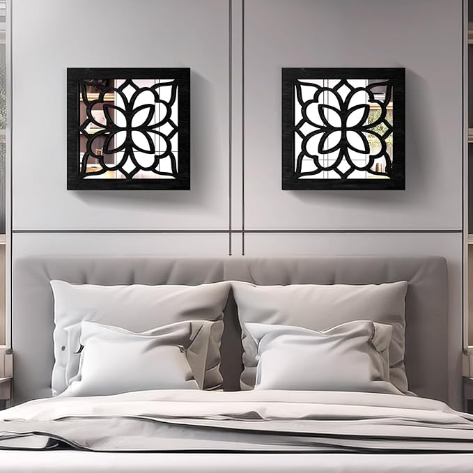 2 PCS Square Wall Mirror,Rustic Farmhouse Wall Mirrors,12 inch Small Mirror Art (style2 Black)
