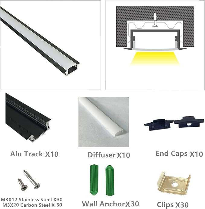10-Pack 3.3FT/1M LED Strip Aluminum Channel Diffuser,Collar Shape Tape Light Under Cabinet Floating Shelf Alcove Recessed 25X7MM Matte Black Anodized Track, Milky Cover Concave Slot Profile