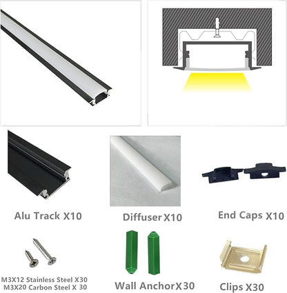 10-Pack 3.3FT/1M LED Strip Aluminum Channel Diffuser,Collar Shape Tape Light Under Cabinet Floating Shelf Alcove Recessed 25X7MM Matte Black Anodized Track, Milky Cover Concave Slot Profile