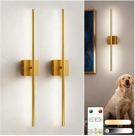 L LOHAS LED Battery Operated Wall Sconces Set of 2, Battery Wall Sconce 10000mAh, Gold Rechargeable Sconces 6000K, 28.3 Inch Wireless Wall Lights, Sconce Wall Decor for Bedroom, Living Room