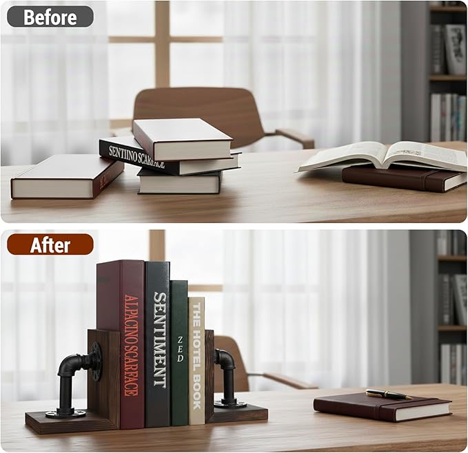 MyGift Book Ends Decorative, Bookends for Shelves, Metal Bookends for Heavy Books, Office Decor for Men, Wood Book Stopper, Realistic Industrial Pipe Design, Dark Brown