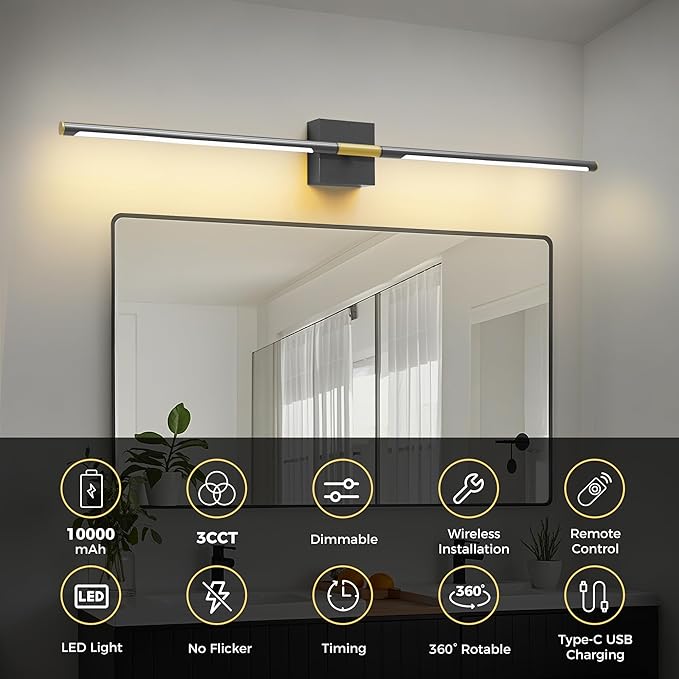 L LOHAS LED Battery Operated Wall Sconces Set of 2, Battery Wall Sconce 10000mAh, Gold and Black Rechargeable Sconces 3CCT, 31.6 Inch Wireless Wall Lights, Sconce Wall Decor for Bedroom, Living Room