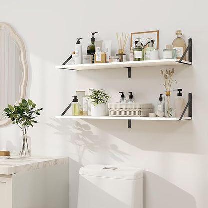 Heimlove White Deep Floating Shelves for Wall, 32W x 8D Wood Wall Shelves Set of 2, Wide Floating Bookshelf for Living Room, Kitchen, Office, Bedroom and Decor Storage, with Black Bracket - White