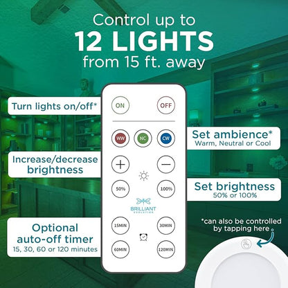 Brilliant Evolution LED Tap Light Push Lights with Remote - 6-Pack Battery Operated Under Cabinet Lights - Stick On Puck Lights for Kitchen, Closet, and Night Lighting - Wireless Warm White, 55 Lumens