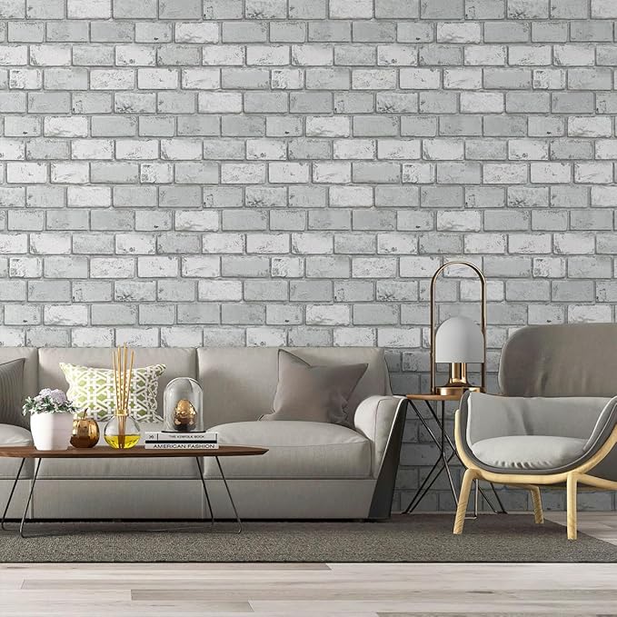 GaliGali White and Silver Brick Wallpaper, Peel and Stick Wallpaper, Self-Adhesive Classic Antique Texture Rock Wall Paper, Removable Contact Paper for Home Decoration 17.3