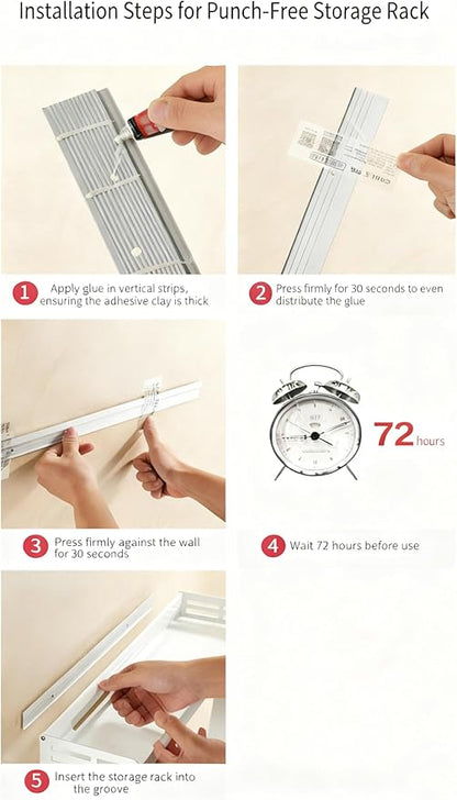 SEIDO Space-Saving Kitchen Utensil Holder | No-Drill Shelf Organizer | Wall Mount Spice Rack with Hooks & Bar for Bathroom | Space Aluminum | 24 Inch Long | White