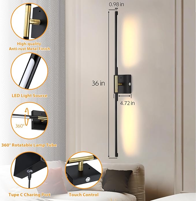 Battery Operated Wall Sconces Set of 2, Dimmable Battery Wall Sconce with Remote Control, Black Gold LED Rechargeable Sconces, 36 Inch Modern Wireless Wall Lights for Bedroom, Living Room