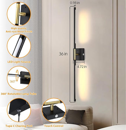 Battery Operated Wall Sconces Set of 2, Dimmable Battery Wall Sconce with Remote Control, Black Gold LED Rechargeable Sconces, 36 Inch Modern Wireless Wall Lights for Bedroom, Living Room