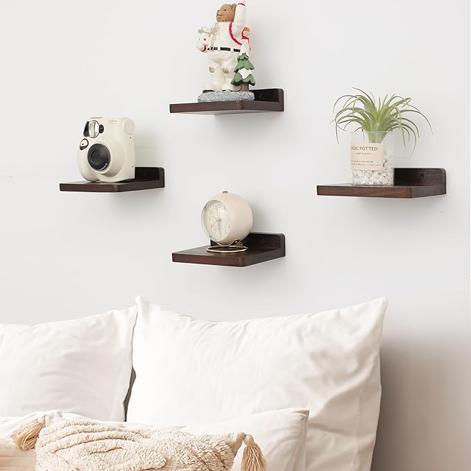 Small Floating Shelf, 5x6 Inch Display Ledges for Wall,Mini Shelves,Rustic Wood Shelf for Bedroom Living Room Bathroom Kitchen (3, Dark Walnut)