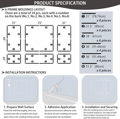 6-Frame Premade Accent Wall Molding Kit, Ready-to-Assemble Wainscoting Panels, Pre-Cut Chair Rail Moulding Trim for Home Décor