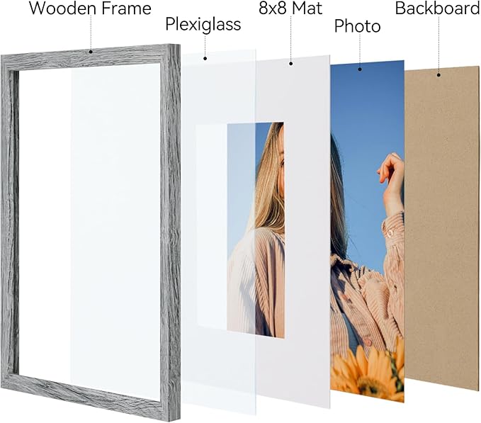Vittanly 12x12 Picture Frames Set of 4, Display Pictures 8x8 with Mat or 12x12 without Mat, Gallery Frame for Wall Display, Engineered Wood with Shatter Resistant Plexiglass, Grey